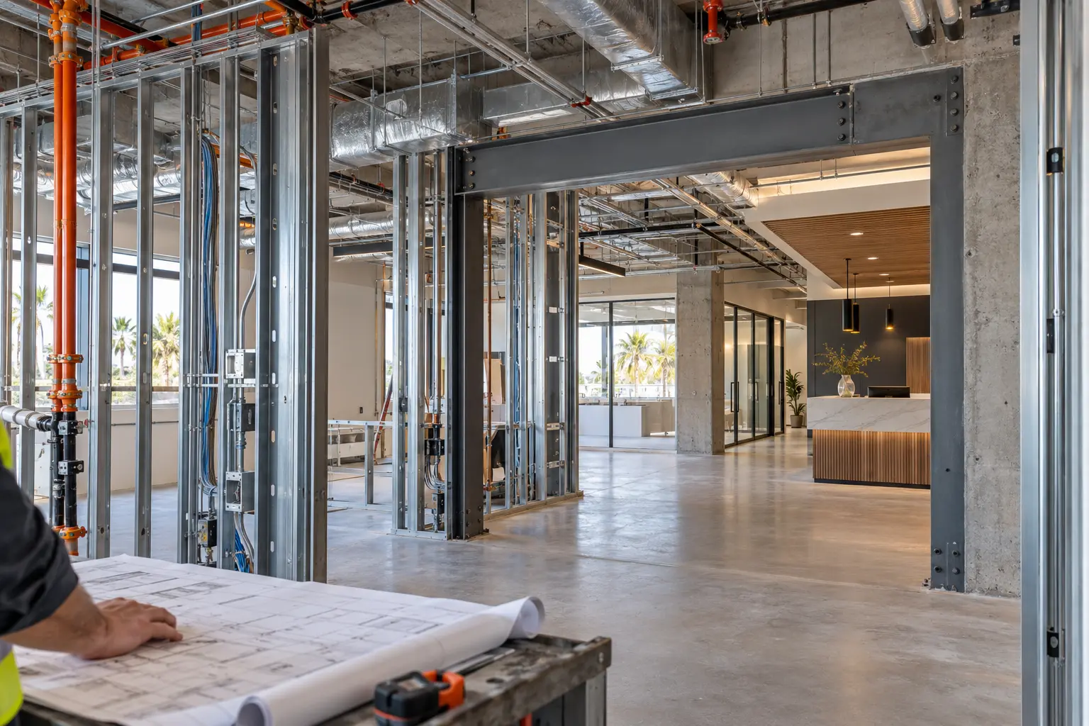 Coordinated structure, building systems, and finished commercial space during a tenant improvement